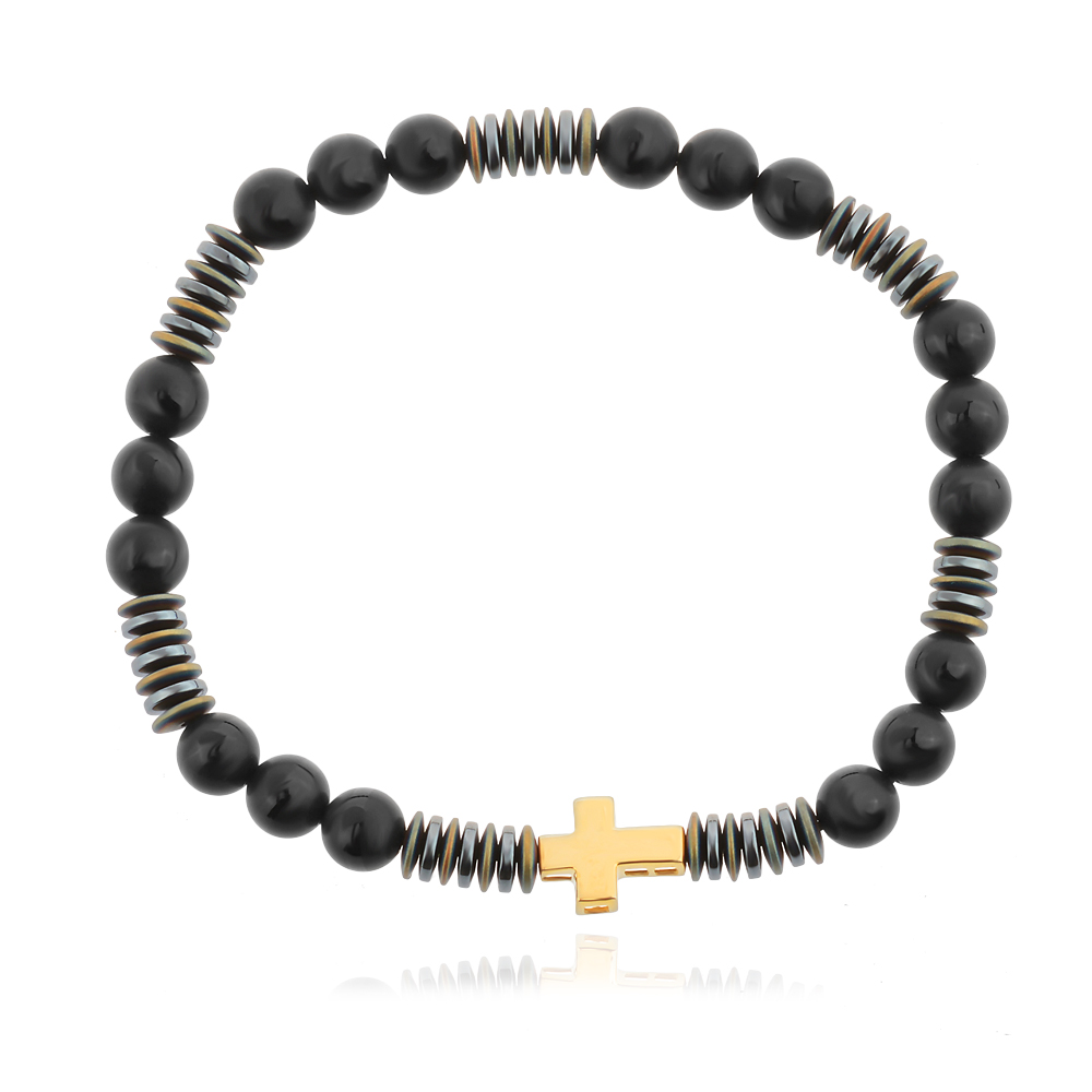 Karkötő onyx és arany kereszttel Karkötő onyx és arany kereszttel